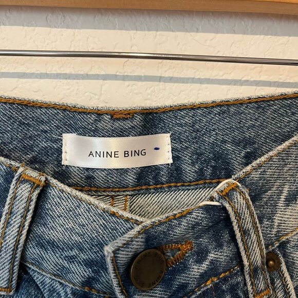 Anine Bing Mid Blue Distressed Denim Cropped Straight Jeans Women's Size 24 NWT - Picture 7 of 8